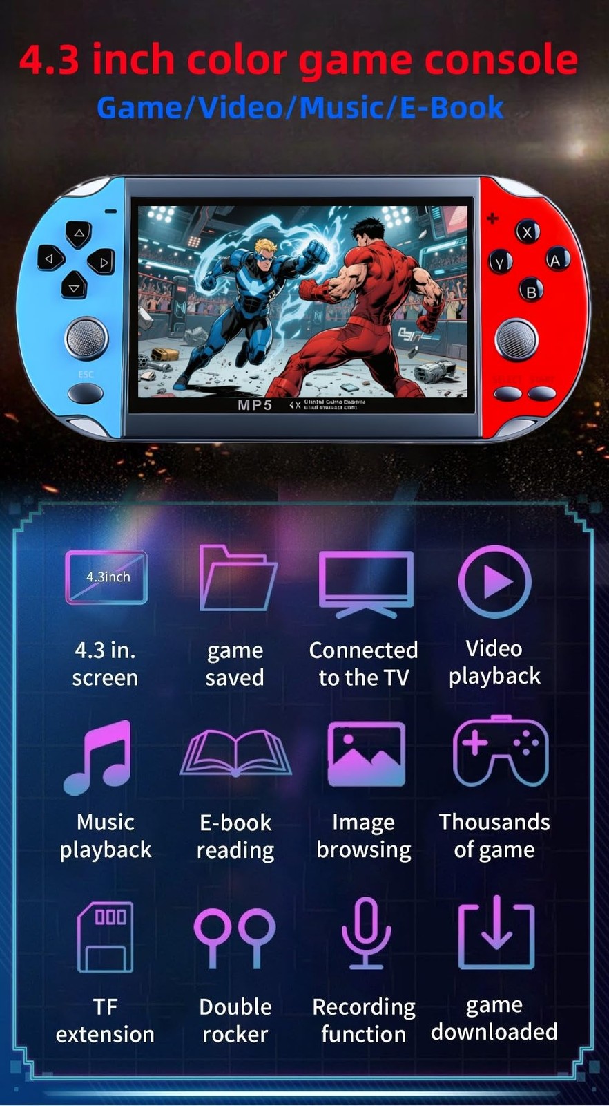 JXD Colorful Retro Video Game Console 4.3 inch Sreen 8GB Built-in 3000 Games Han