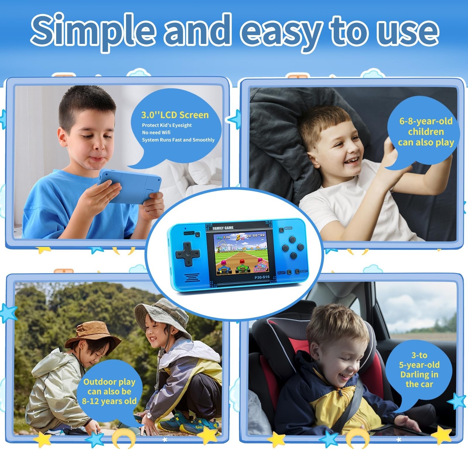 Portable Handheld Game Console – 220 Retro Games, Rechargeable, 3.0″ LCD Screen,