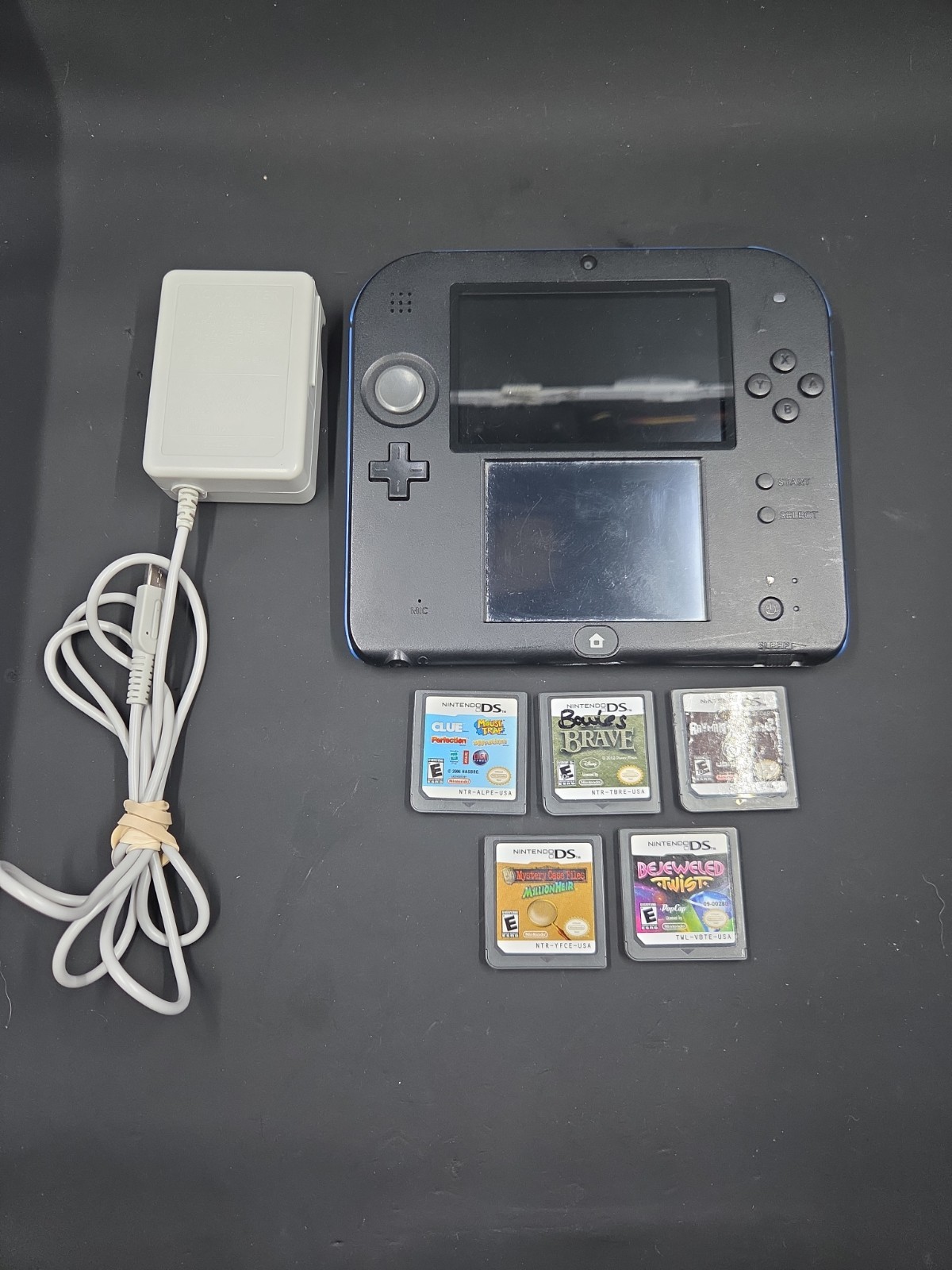*USED* Nintendo 2DS Black Blur Console OEM Tested Works Great + 5 Games Charger