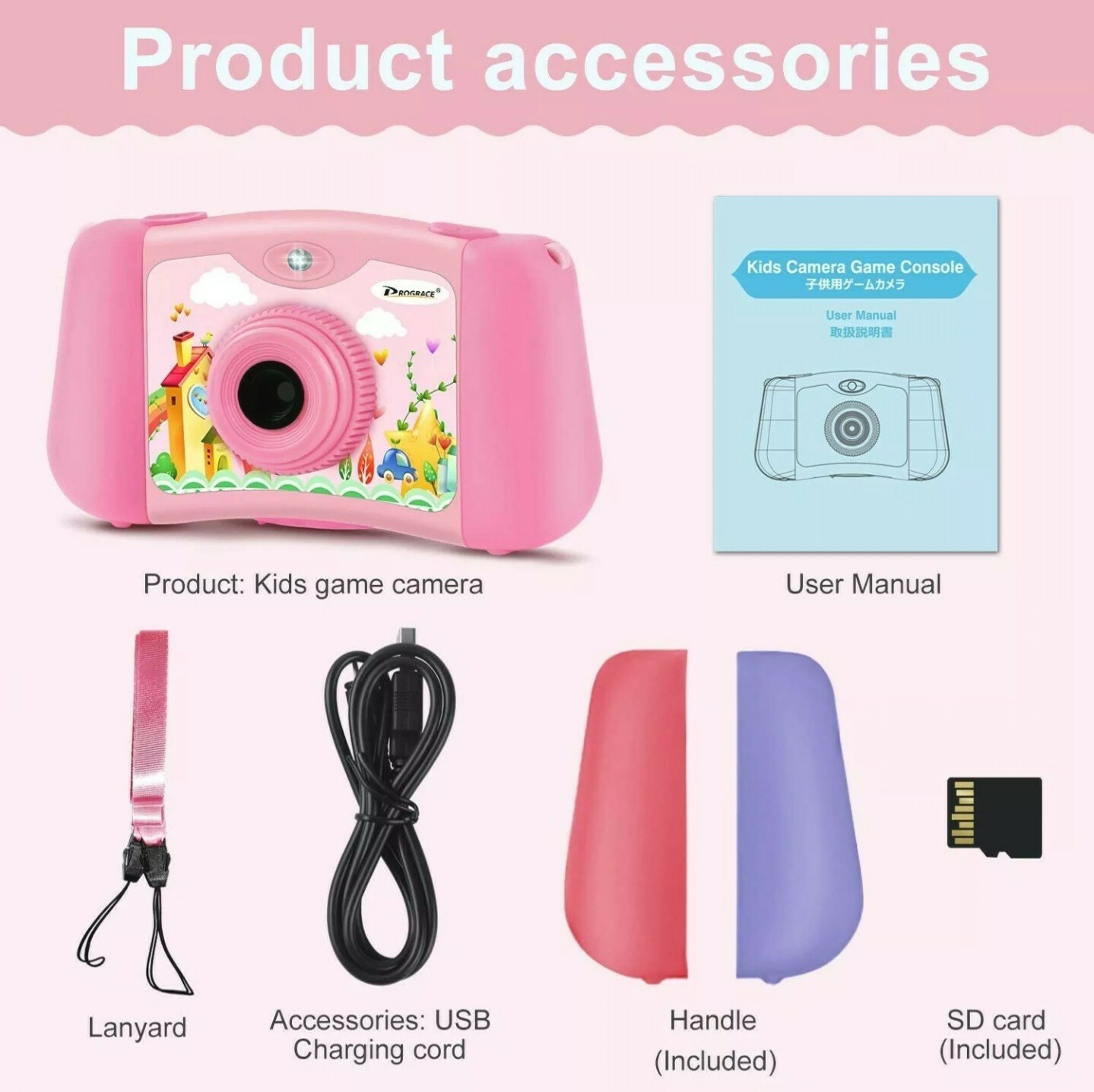 PROGRACE Kids Camera Portable Handheld Console Game for Toddler 4-12 – Pink.