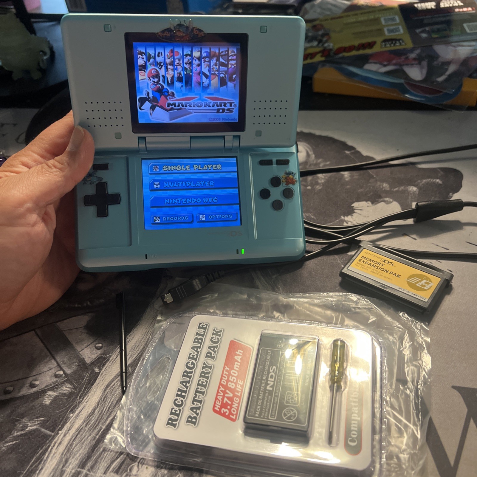 Nintendo DS Sky Blue Console Stylus.Backup New Battery.MARIO KART.Charger.MEP