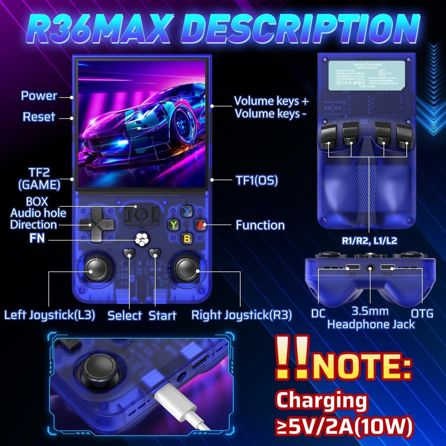 R36MAX Retro Gaming Console, 30+ Emulators, 6 Hours Play on 4.0″ Screen, Blue