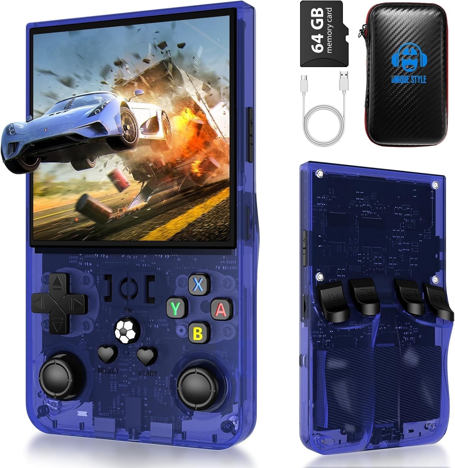“Retro Gaming Console Handheld 4.0” Screen, 64G TF Card, Portable Arcade – Blue