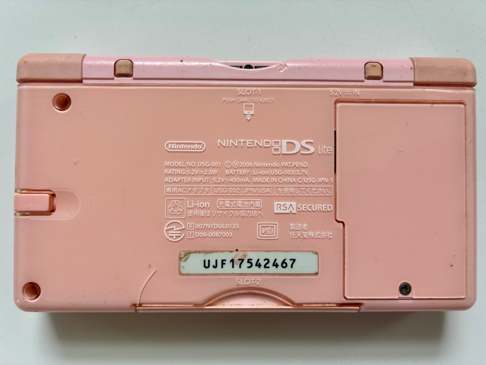 Nintendo DS Lite Handheld Console with Stylus and GBA Cover. Works, Cracks- Pink
