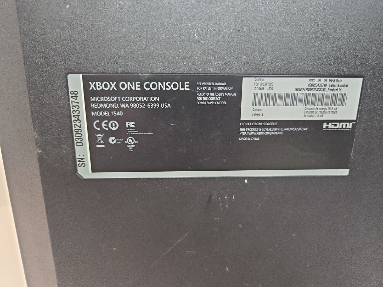 MICROSOFT XBOX ONE 1540 GAMING CONSOLE 500GB (QUC015674) PARTS OR REPAIR