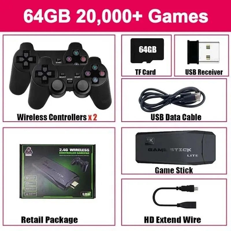 4K HD 32GB/64GB Retro Game Console 20000 Games Wireless Controller HDMI PlugPlay