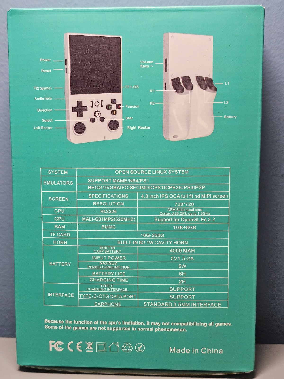 Open Source Hand Held Game Console R36Max – Transparent Blue – 4″ Screen – New!