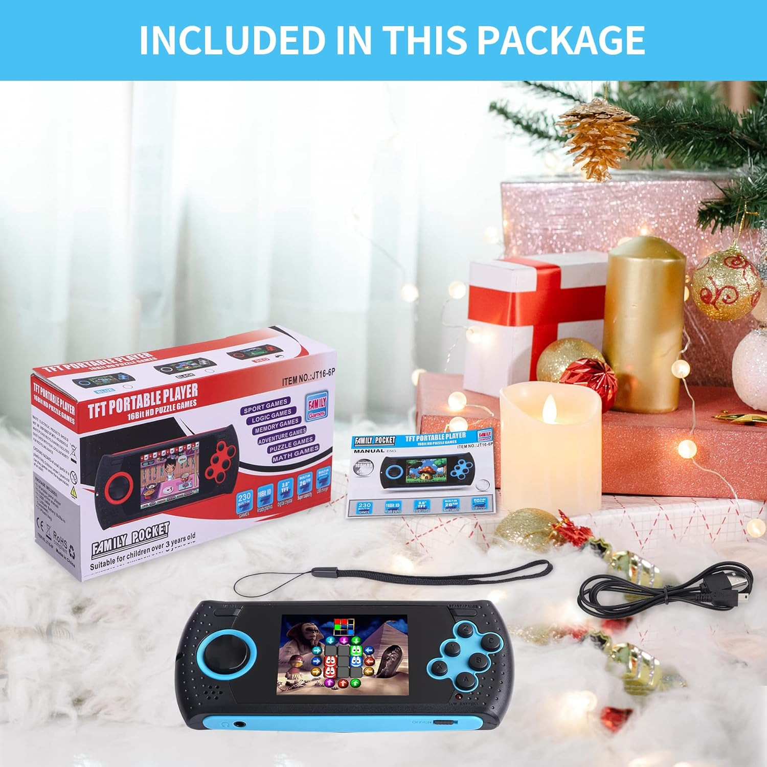 16 Bit Handheld Game for Kids Built-In 230 HD Classic Retro Video Games USB Rech
