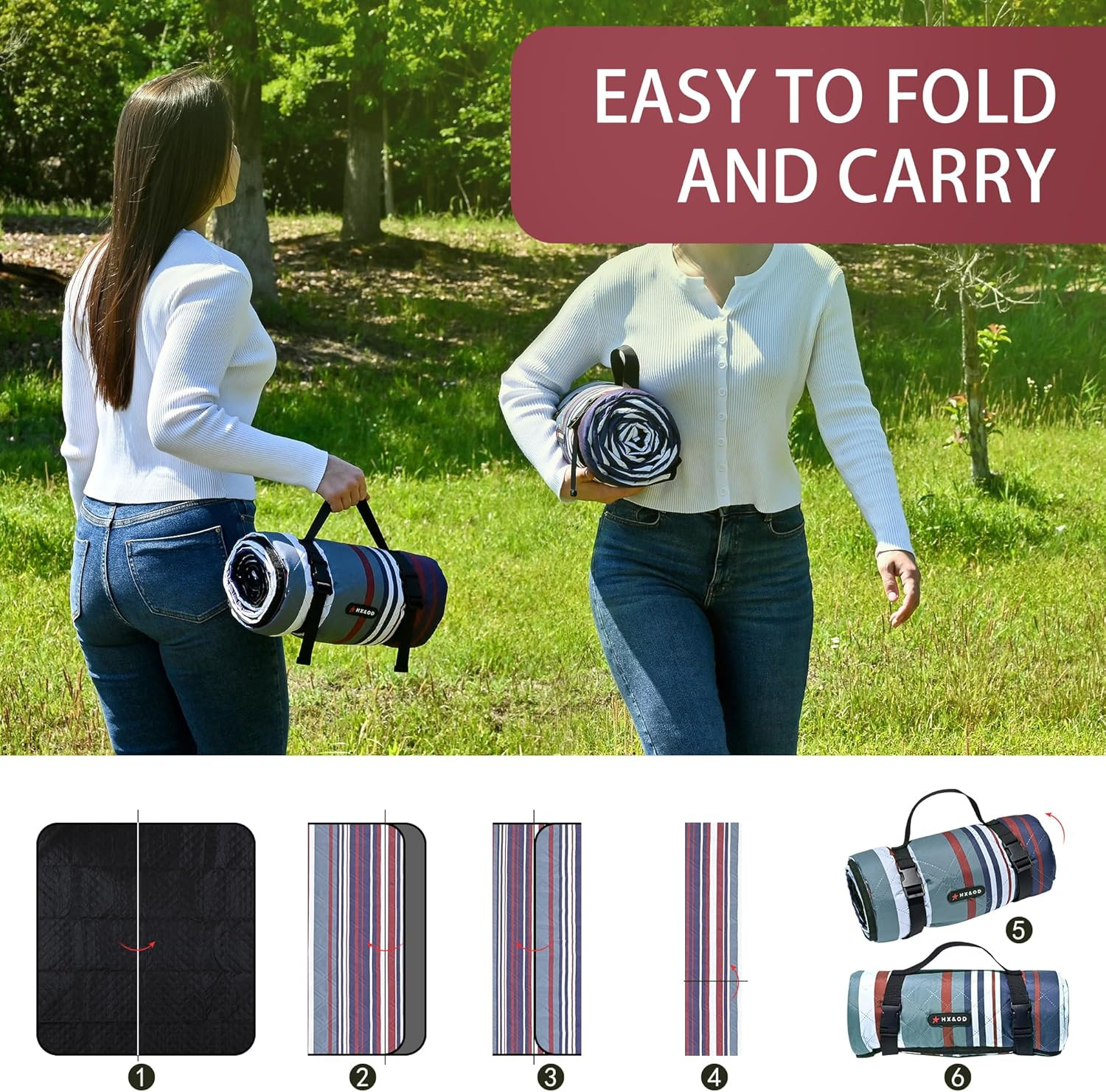 HX&OD Outdoor Picnic Blanket Extra Large, 80”*80” Waterproof Picnic Mat with S