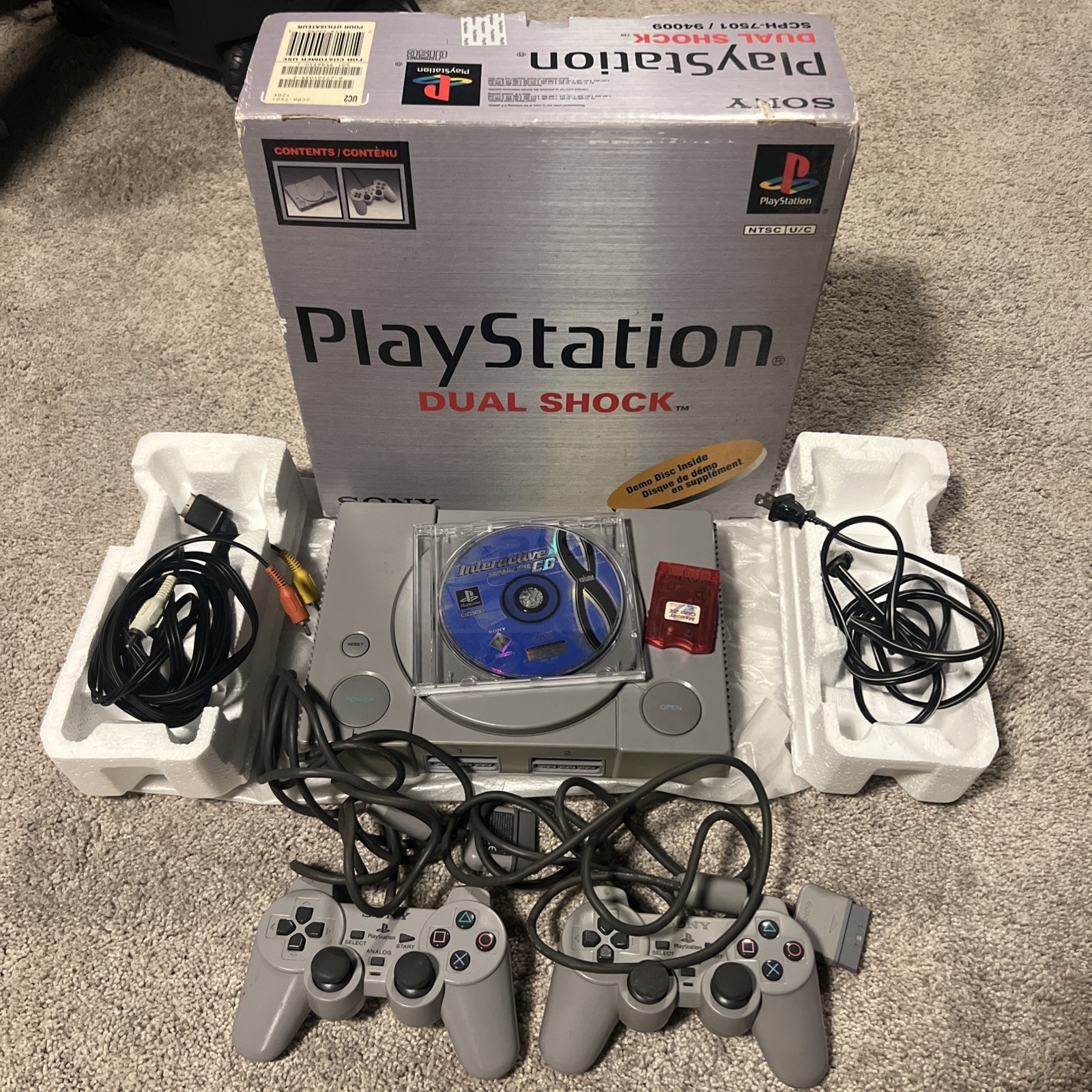 Sony Playstation 1 Dual Shock SCPH-7501 CIB W/ 2 Controllers, Memory Card Works