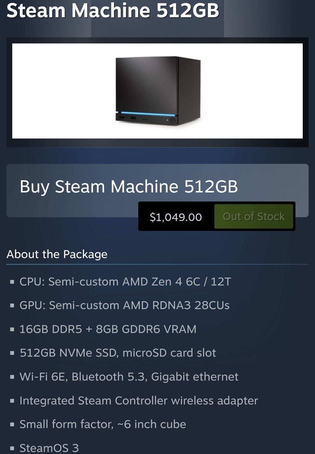 Valve Steam Machine 512GB Black Home Console with Wi-Fi Bluetooth Ethernet