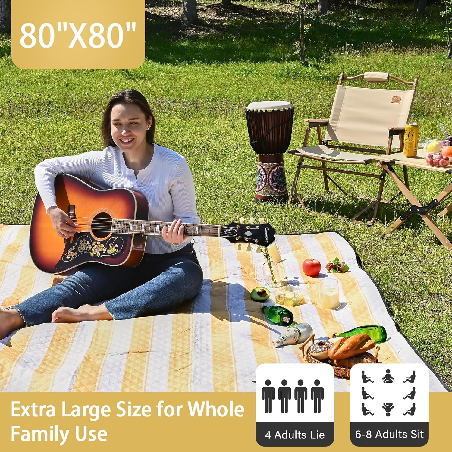 Outdoor Picnic Blanket Extra Large, 80”*80” Waterproof Picnic Mat with Stakes