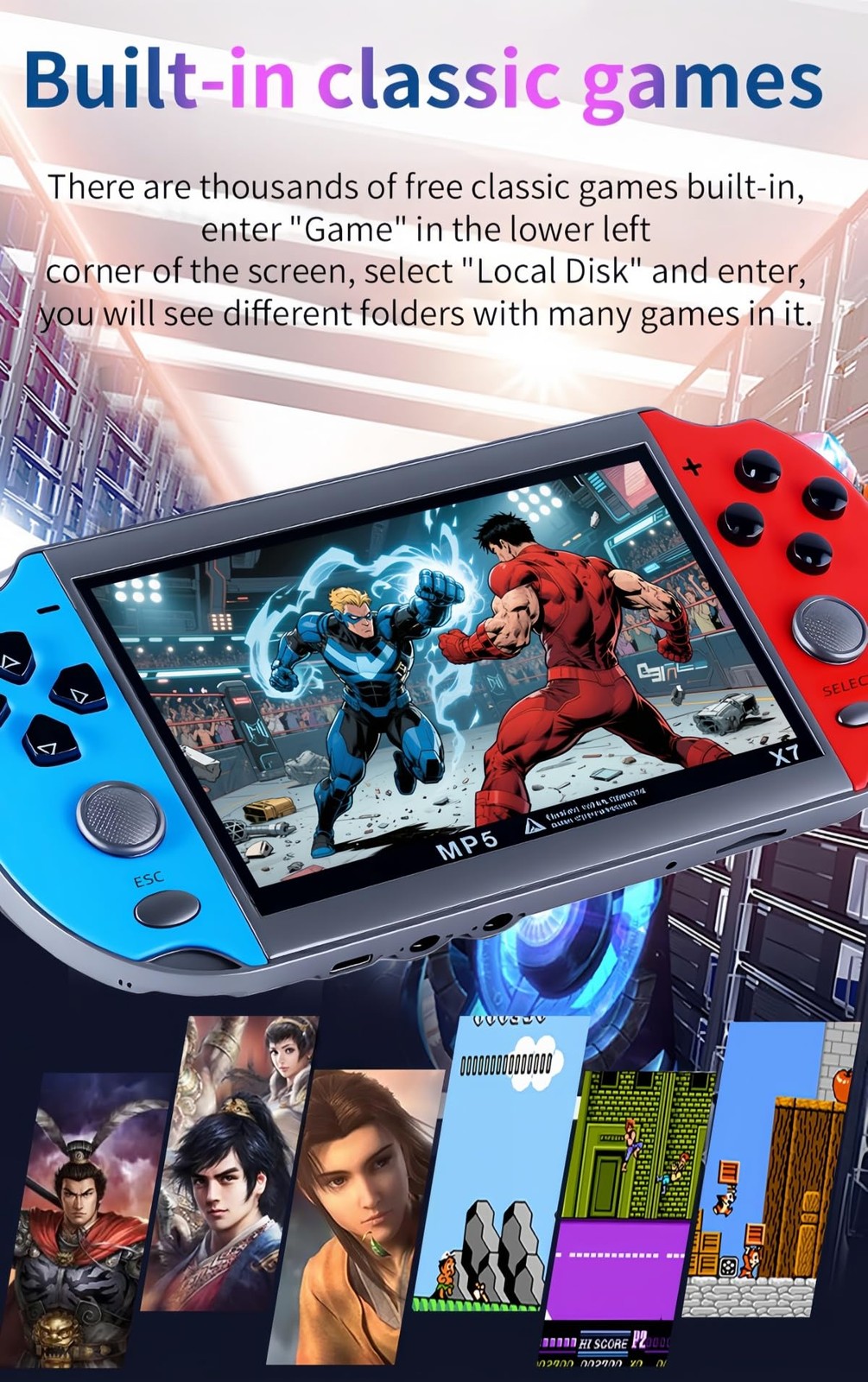 JXD Colorful Retro Video Game Console 4.3 inch Sreen 8GB Built-in 3000 Games Han