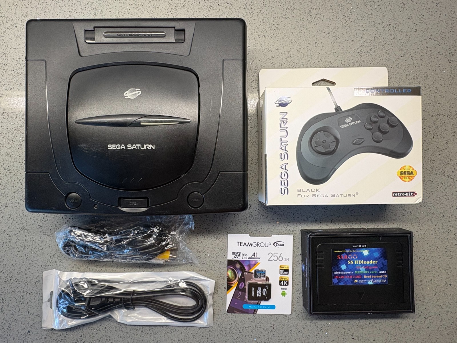 SEGA SATURN SAROO CONSOLE W/ 256GB SD CARD NEW RETRO-BIT CONTROLLER & NEW CABLES