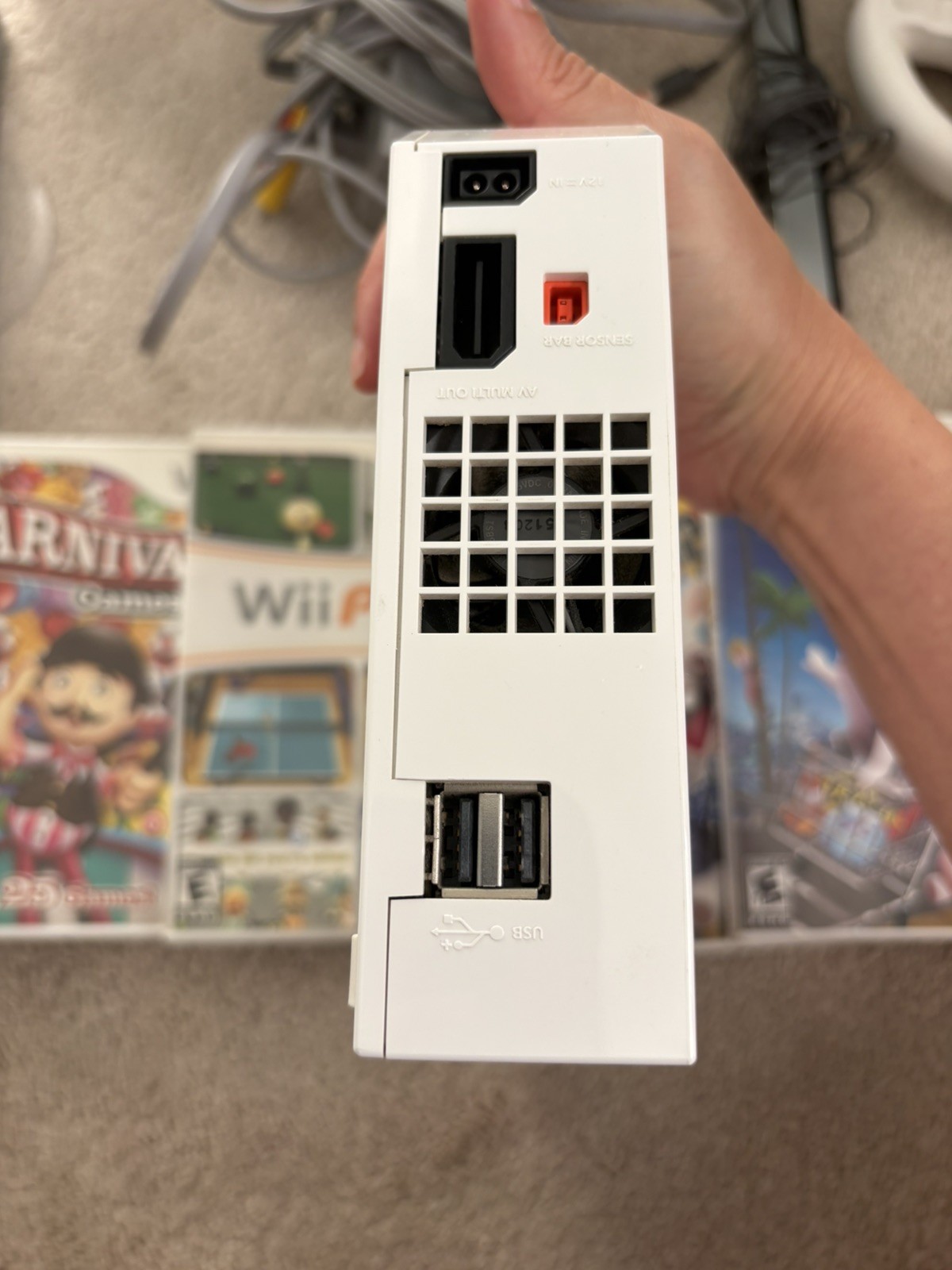 Nintendo Wii Bundle With 6 Games, Console Stand, Plug, Sensor & NO controllers