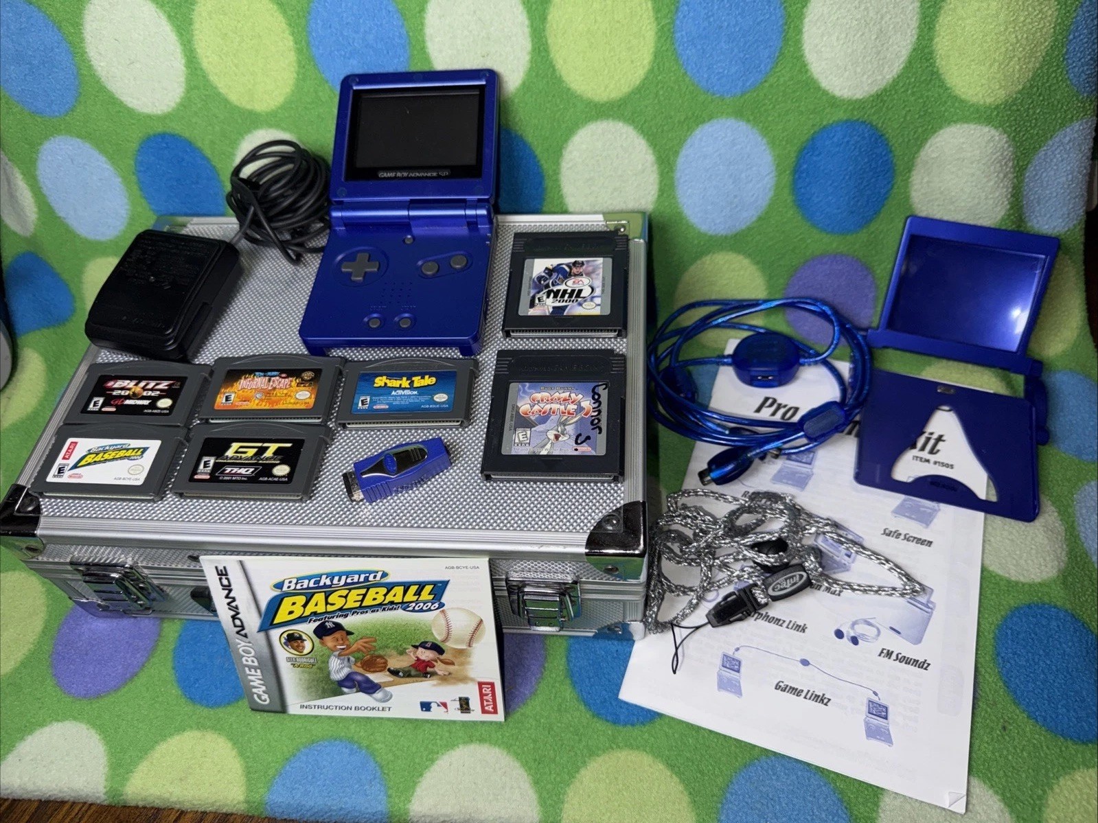 Nintendo GameBoy Advance SP Cobalt Blue Bundle W/ 7 Games, Case & Accessories
