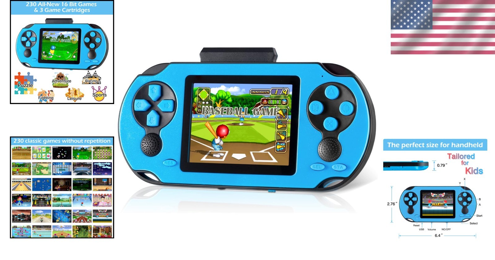 3.0” Large Screen Handheld Game with 230 Classic Games – Perfect Gift in Blue