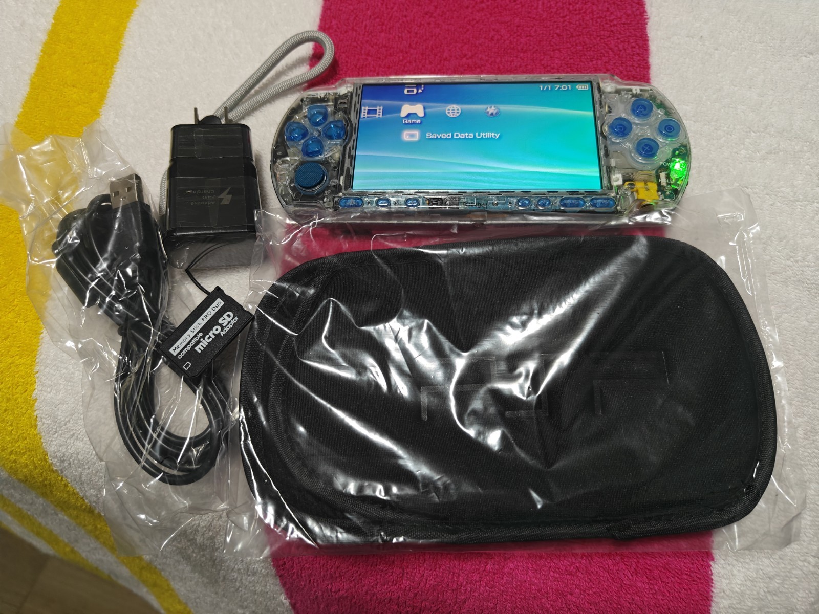 Clear Front Blue Buttons Sony PSP 3000 System Charger 128gb Mem Card Set