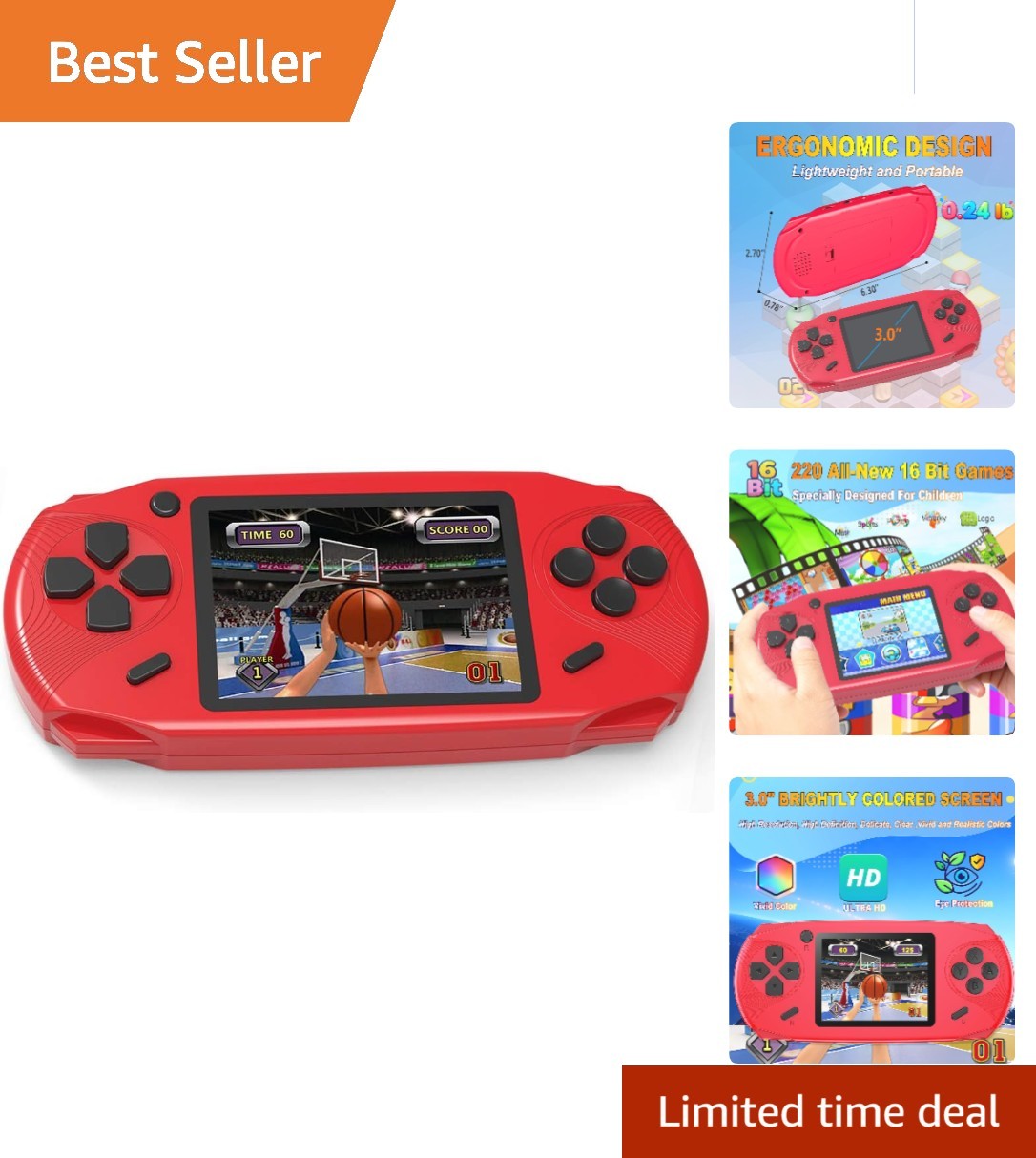 Ergonomic Handheld Games for Kids – 220 Retro Titles – Ideal Gift for Ages 3+
