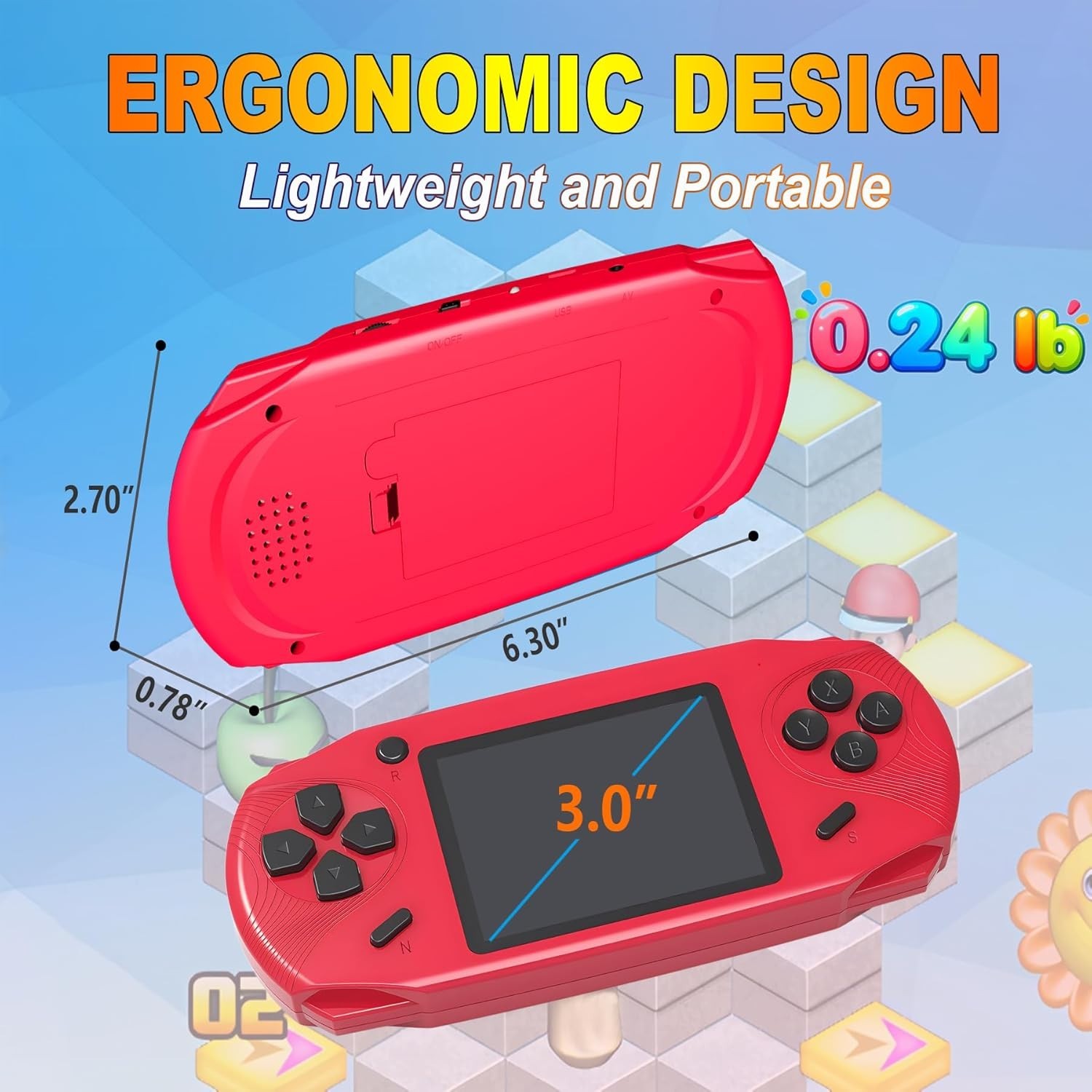 Ergonomic Handheld Game Player – 220 Retro Games, USB Rechargeable, Fun Red Gift