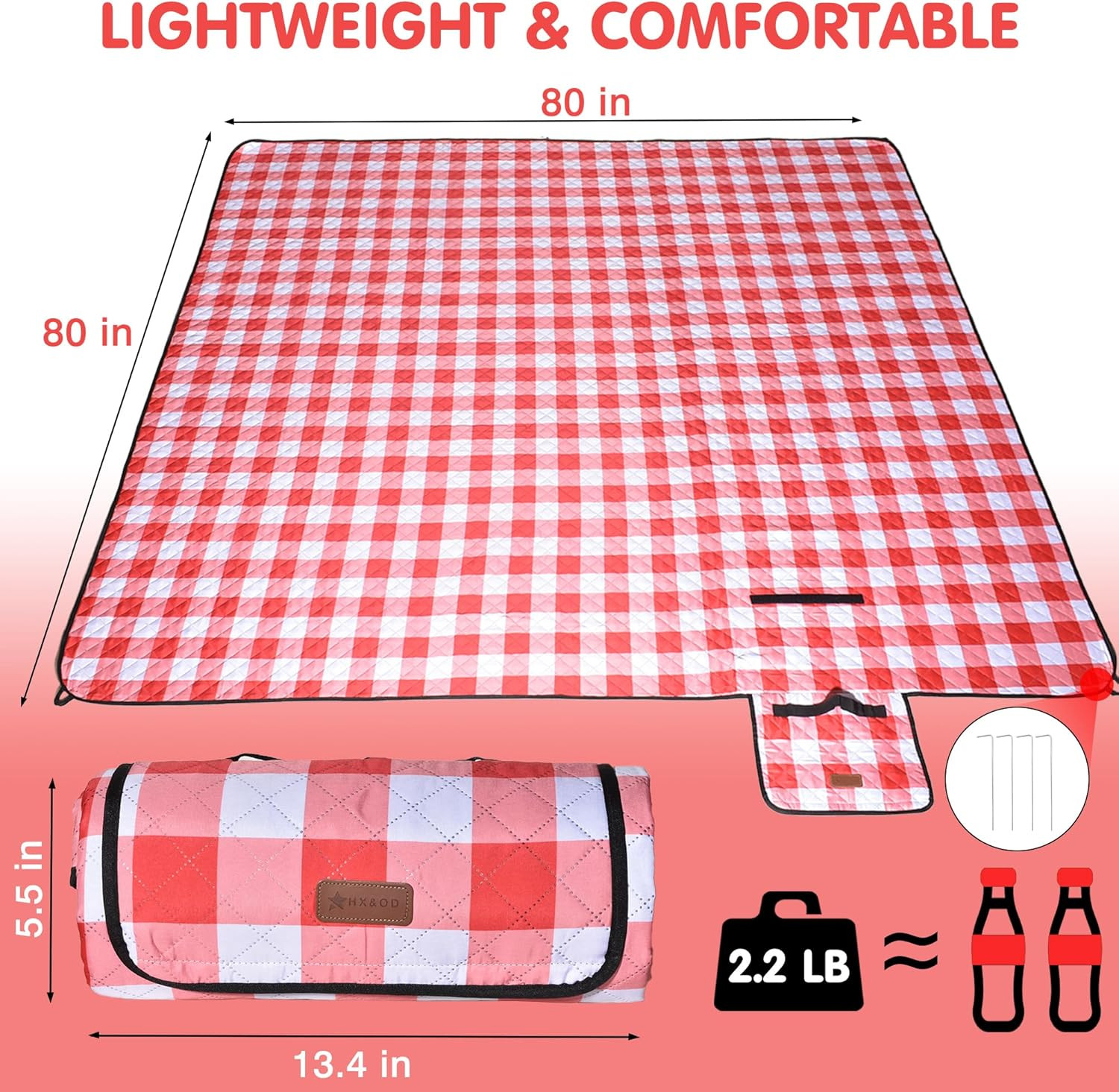 Outdoor Picnic Blanket, Extra Large, 80”X80” Waterproof Foldable Blankets Ging