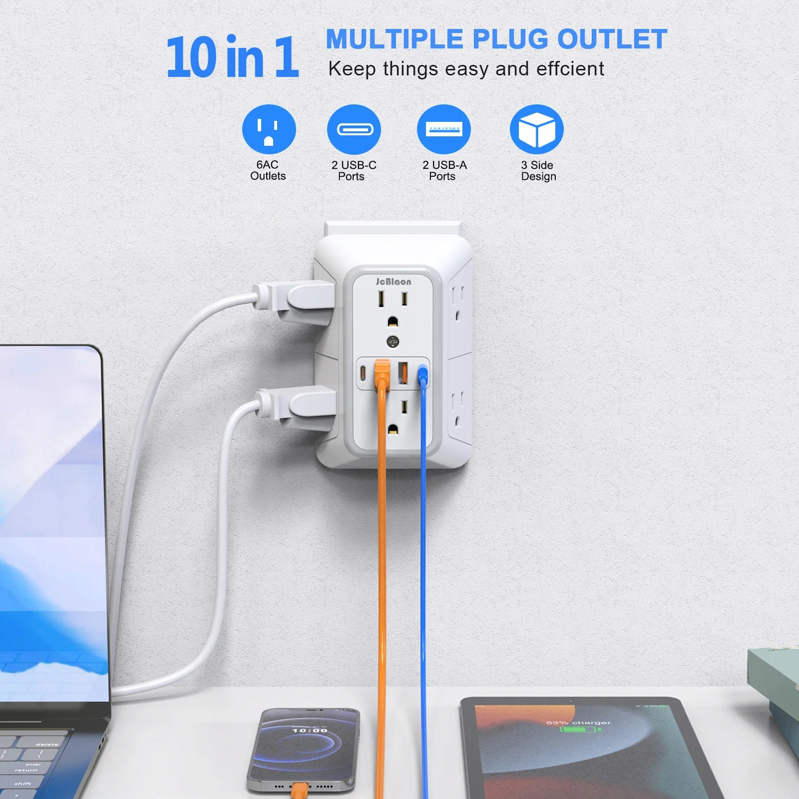 US Multi Socket Wall Socket with 6 AC Outlets 4 USB Port(2 Type C), Universal Pl