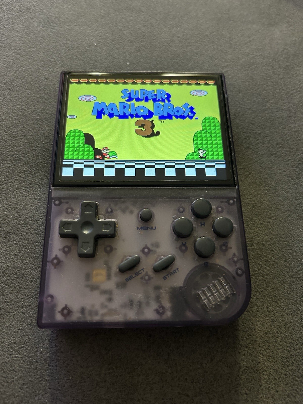 Anbernic RG35XX Handheld Game Console Purple Clear Headphone Jack Menu Button