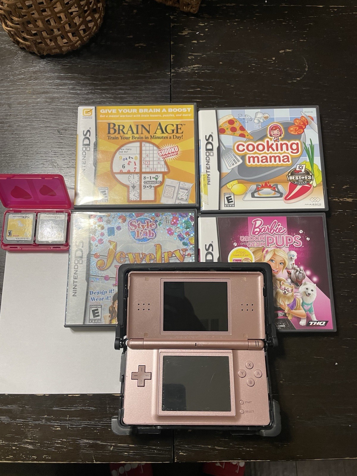 Nintendo DS Lite Handheld Console Lot 7 Games No Charger or Stylus Pink