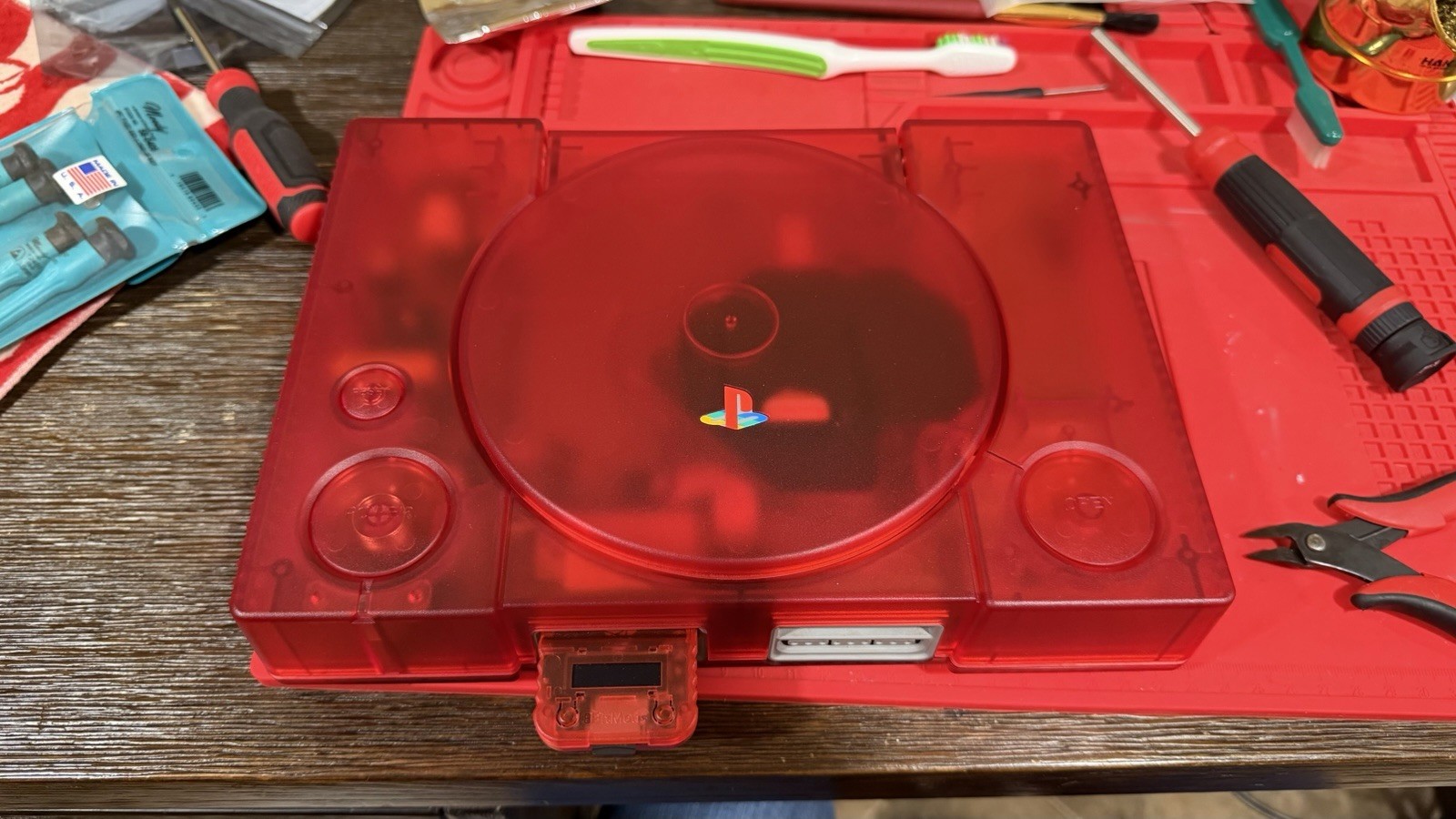 Red PlayStation 1 w/ XStation Recapped Laser Bear Controllers IGR MemCard Pro