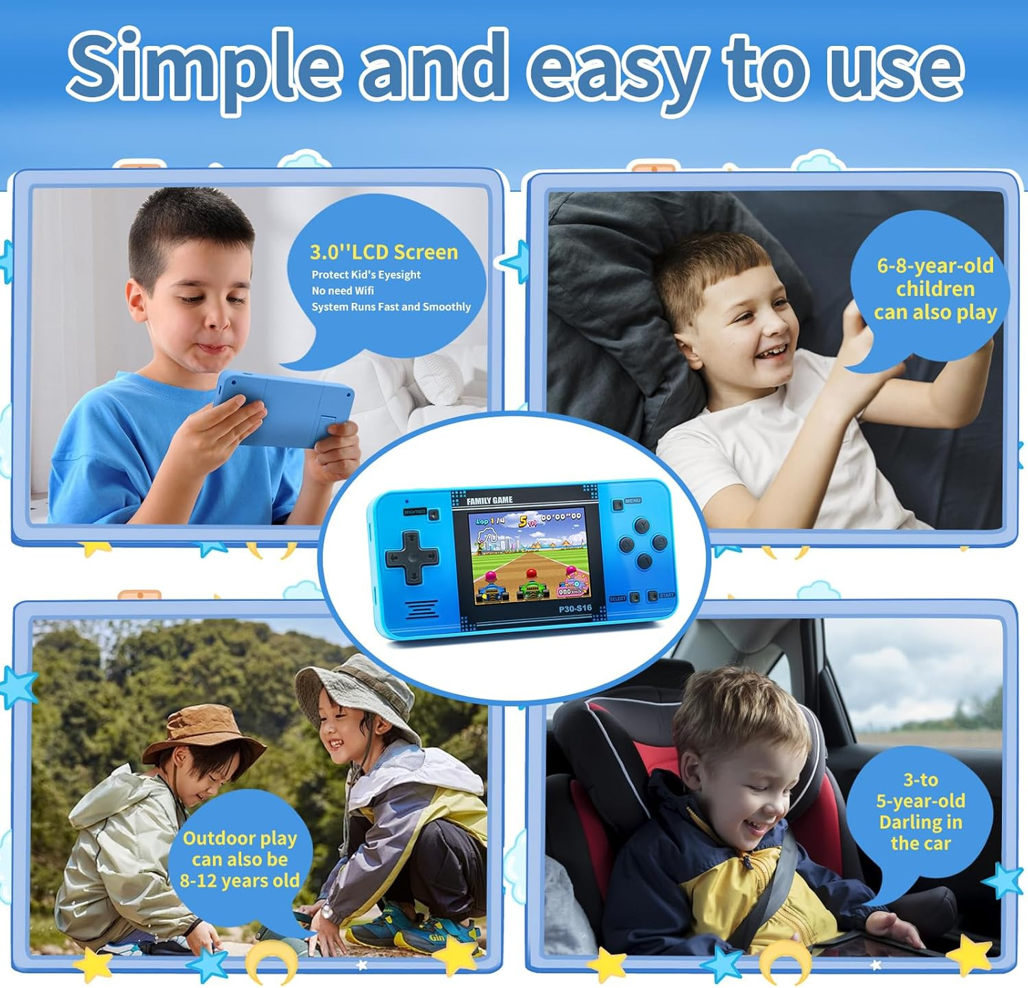 P30S Handheld Game Console for Kids – 220 Retro Games, 3.0” Screen, Rechargeable