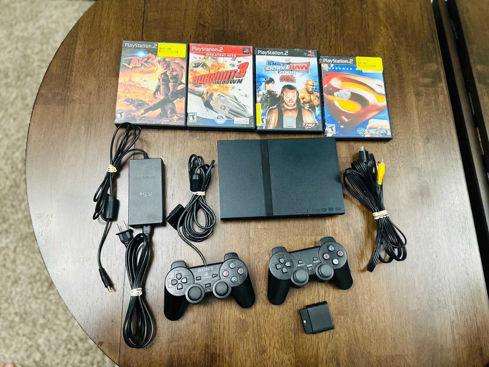 Sony Playstation 2 PS2 Slim Console, 2 controllers, games ac and av adap TESTED!