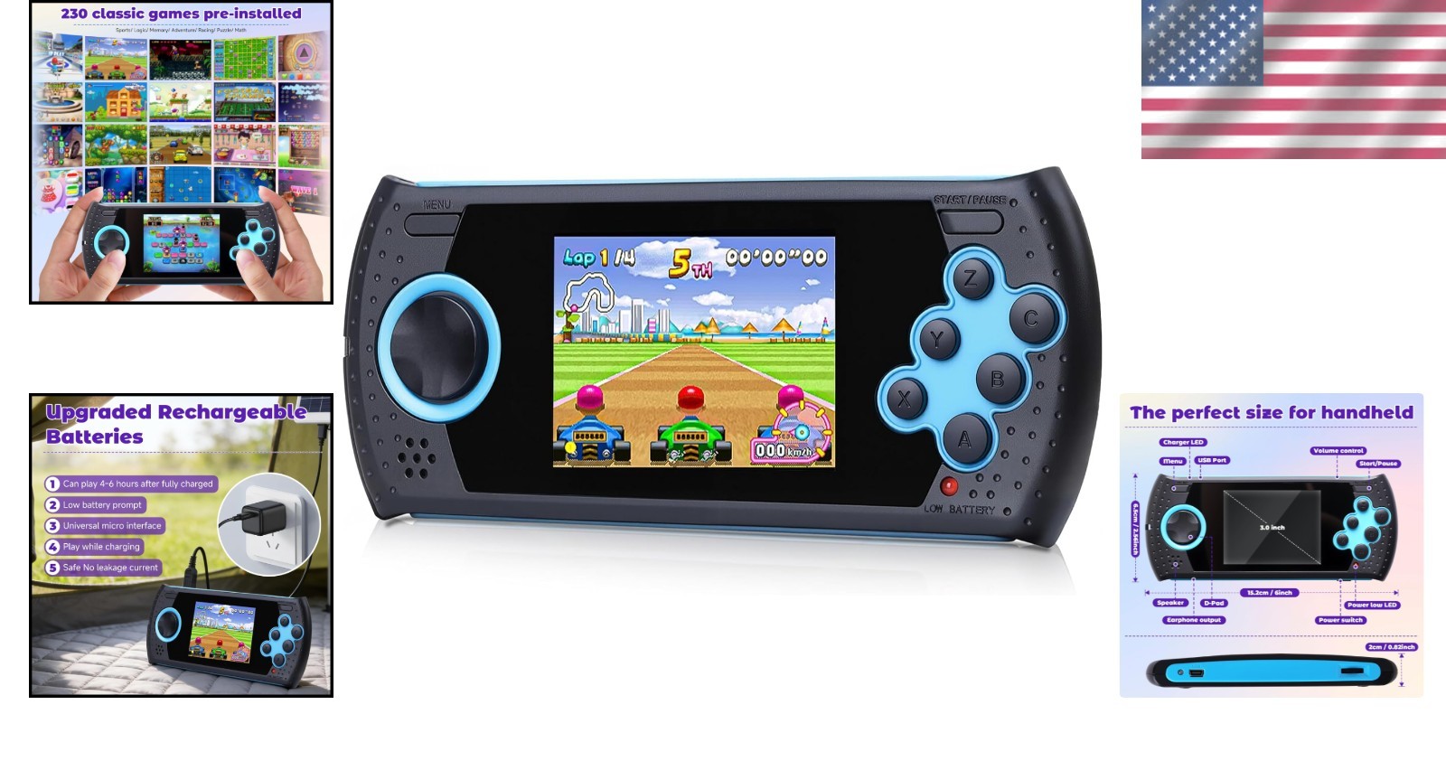 USB Rechargeable 16-Bit Handheld Gaming Device – 230 Retro Games Included