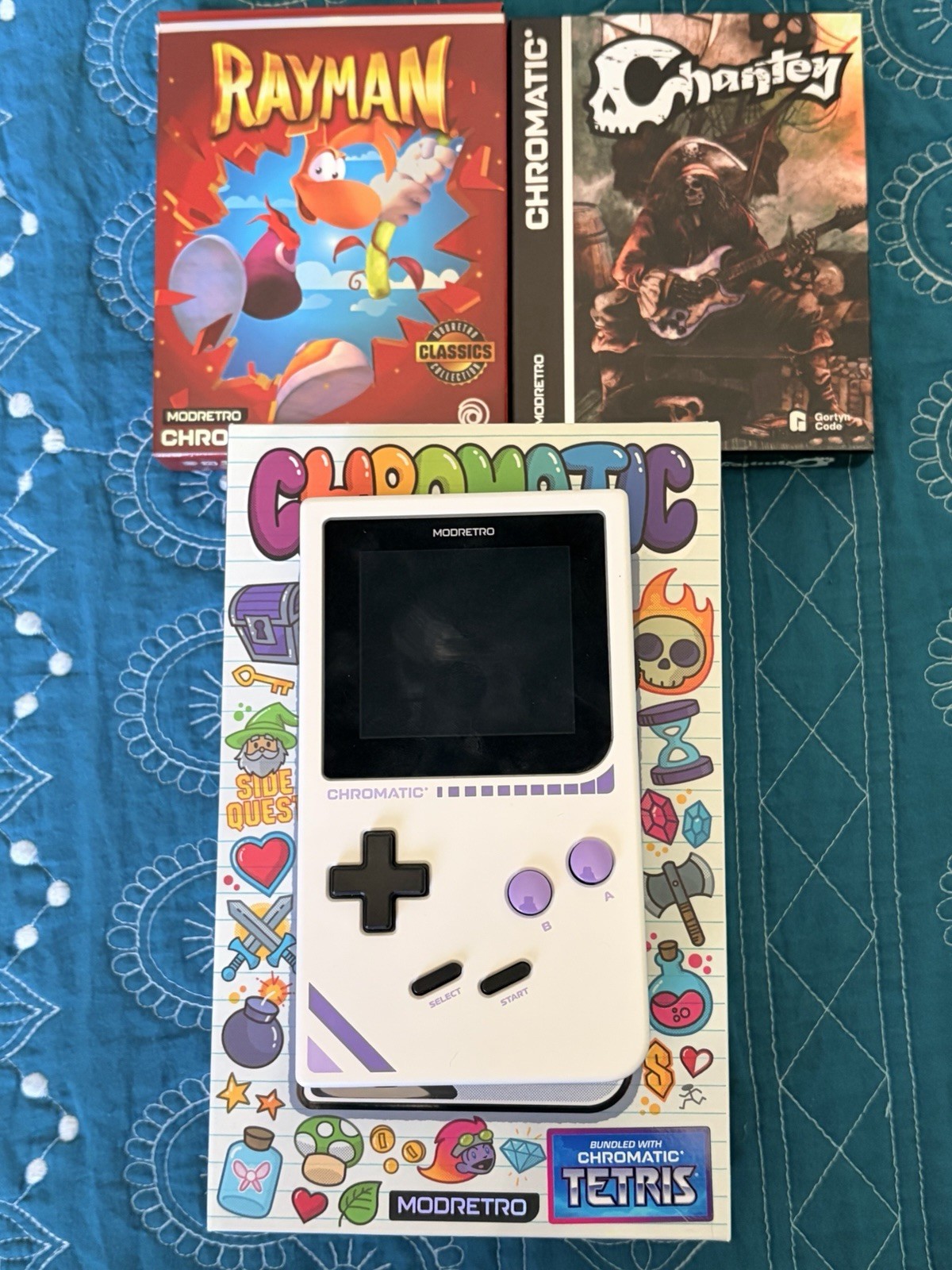 MODRETRO Chromatic Handheld System Console White/Purple w/ Rayman & Chantey