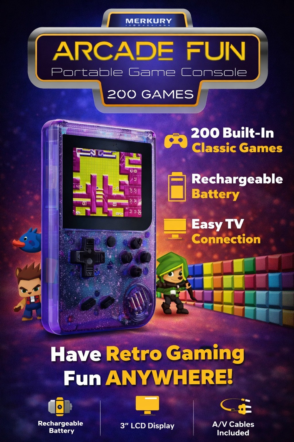 Merkury Innovations Arcade Fun Portable Game Console 200 Games Purple