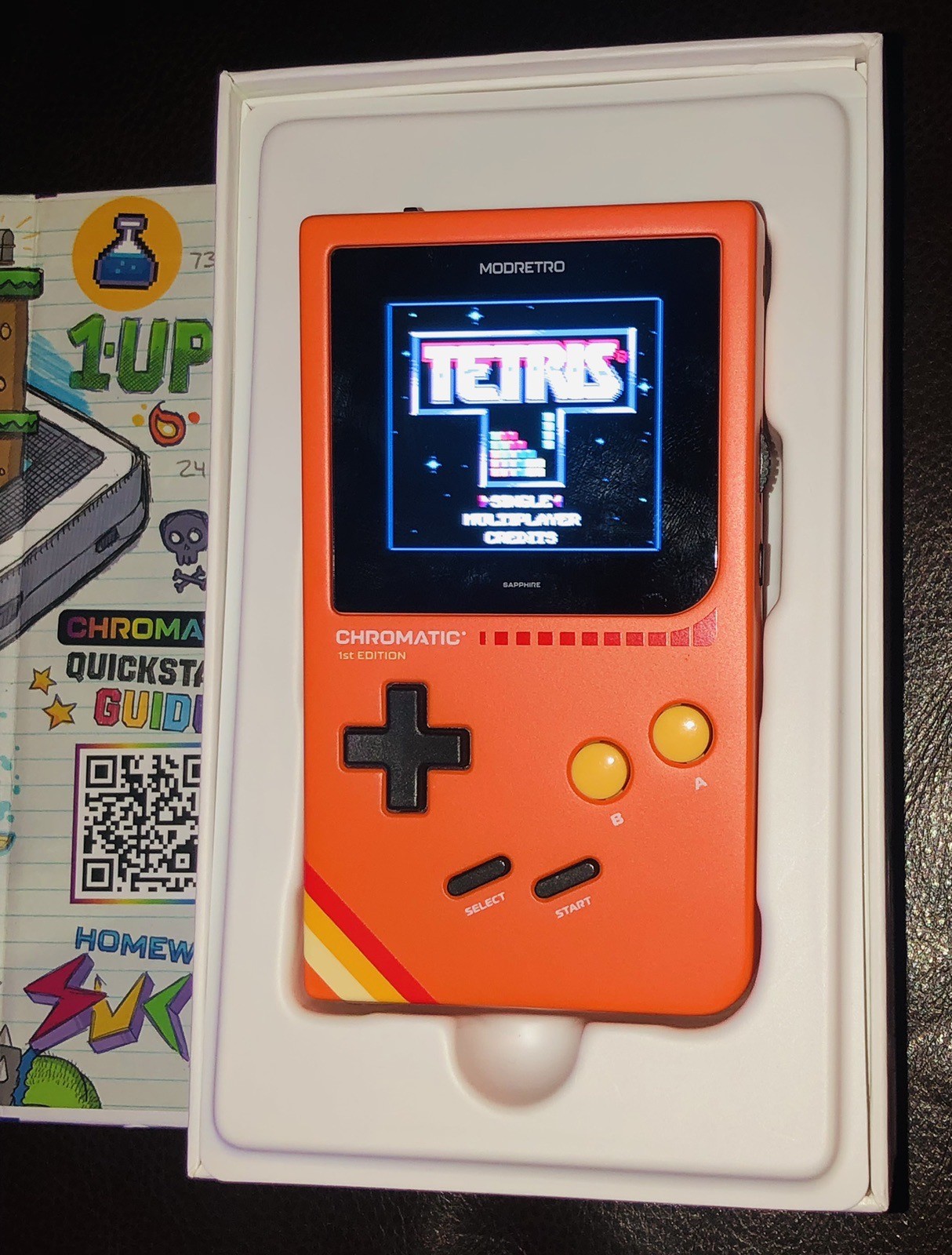 1st Edition ModRetro Chromatic Game Console ORANGE Version w Tetris & Box!