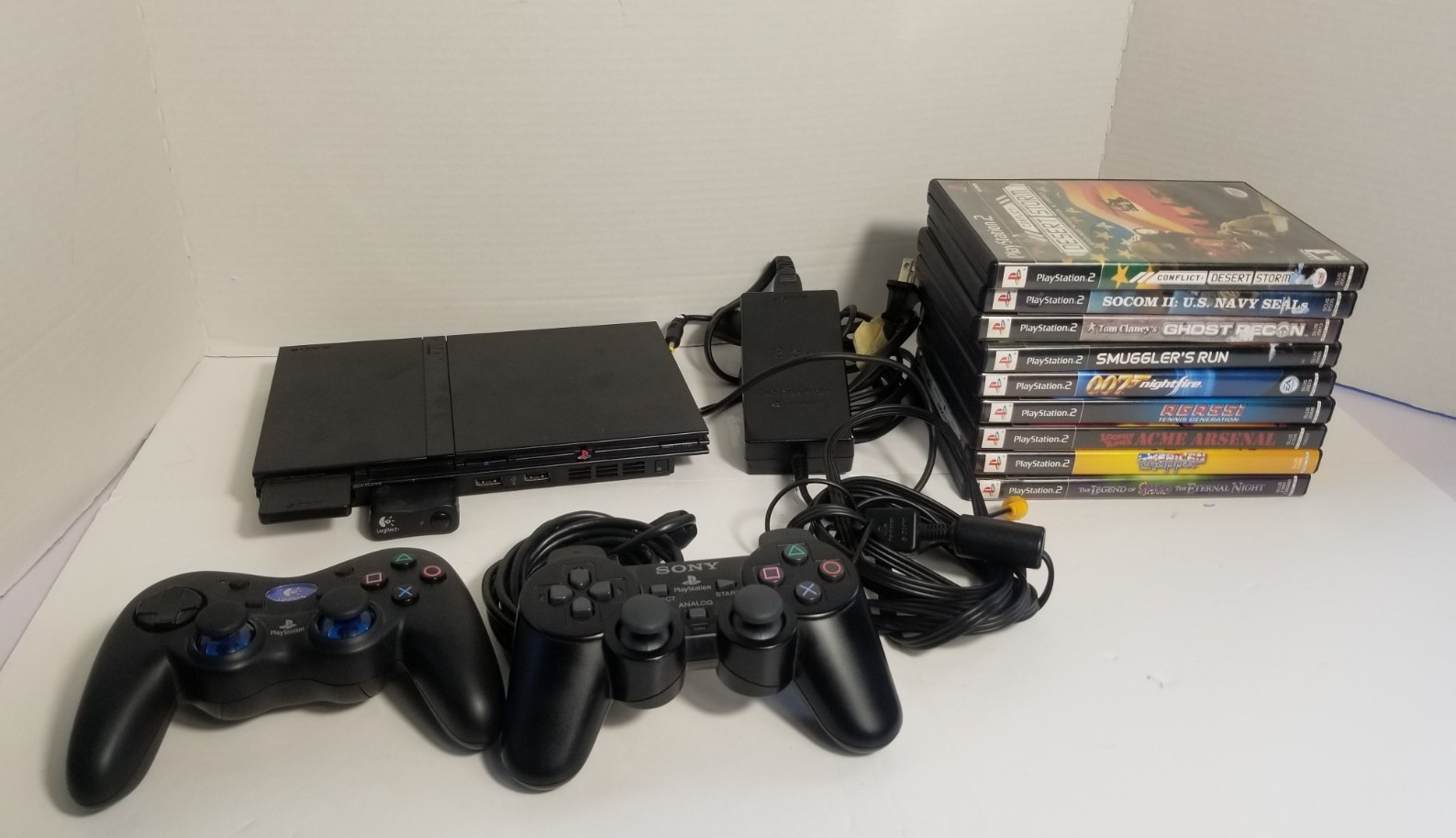 Sony PS2 Slim Console Lot W/ Cords, 2 Controller, and 9 Games Memory Card Works