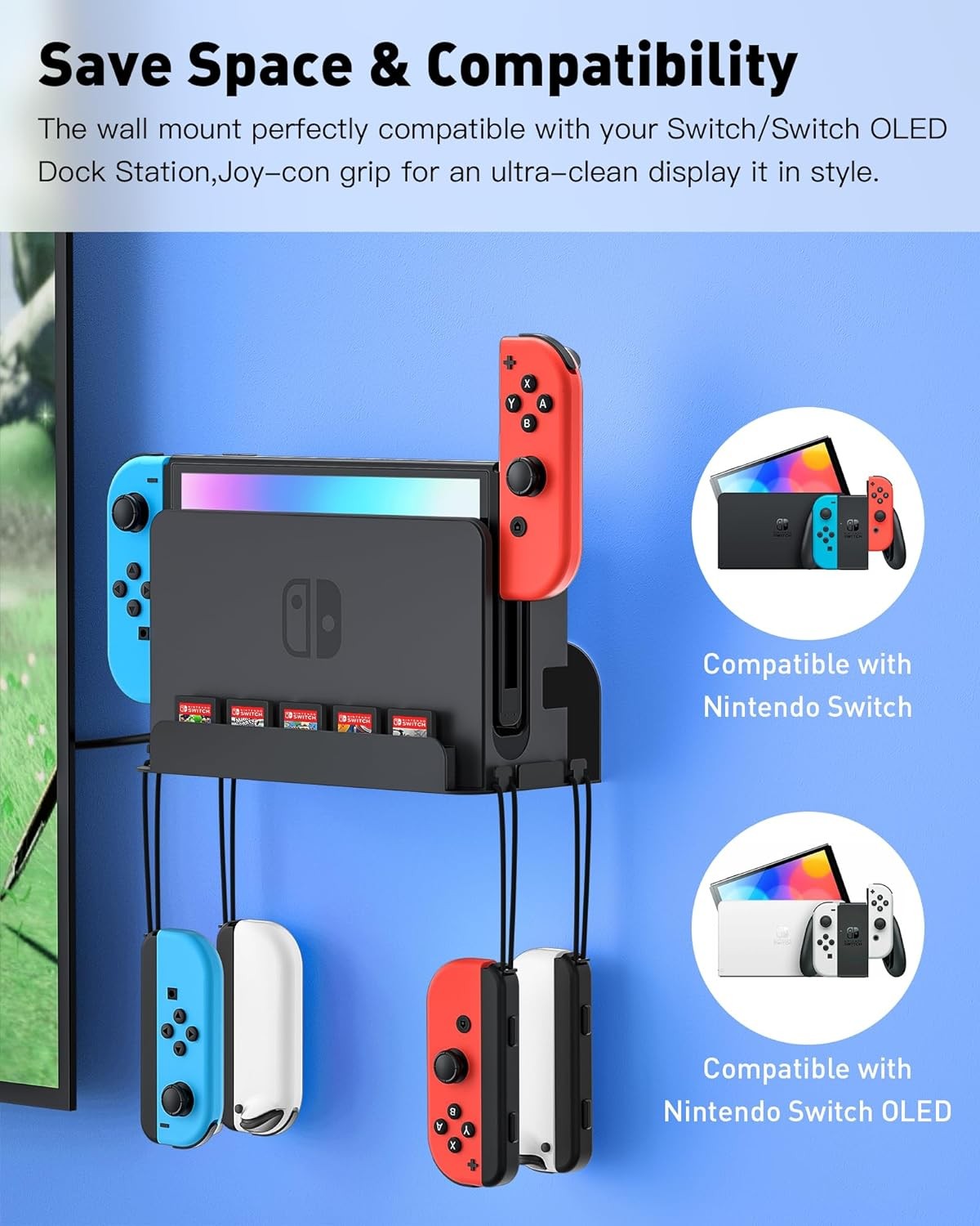 Nintendo Switch Wall Mount – Holds Console, Joy-Cons & Games – Black