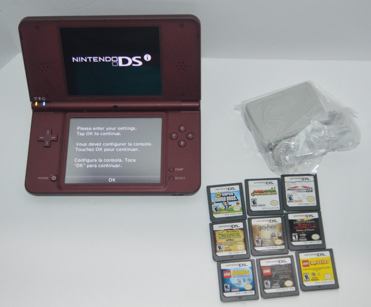 Nintendo DSi XL DS Console Wine Red Burgundy Tested With 9 Games And Charger