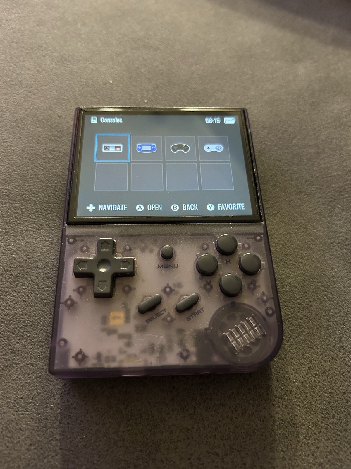 Anbernic RG35XX Handheld Game Console Purple Clear Headphone Jack Menu Button