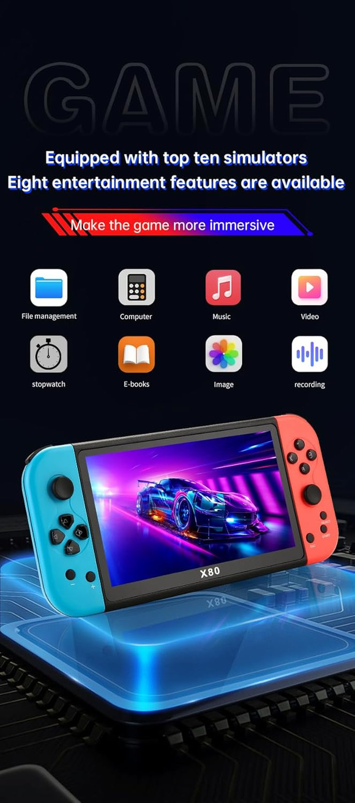 New X80 Bluered Handheld Game Console 16Gb Build in Many Games 7 Inch HD Output