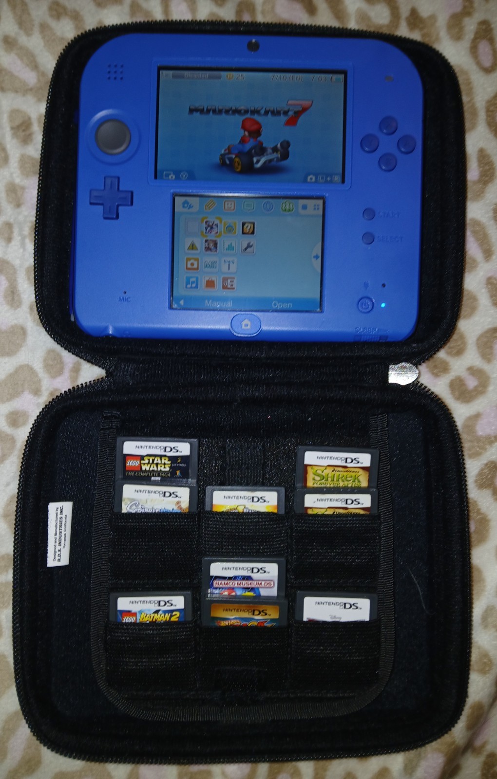 Nintendo 2DS Lot Black/Blue Mario Kart 7 Edition + Charger+ Case + Games Bundle