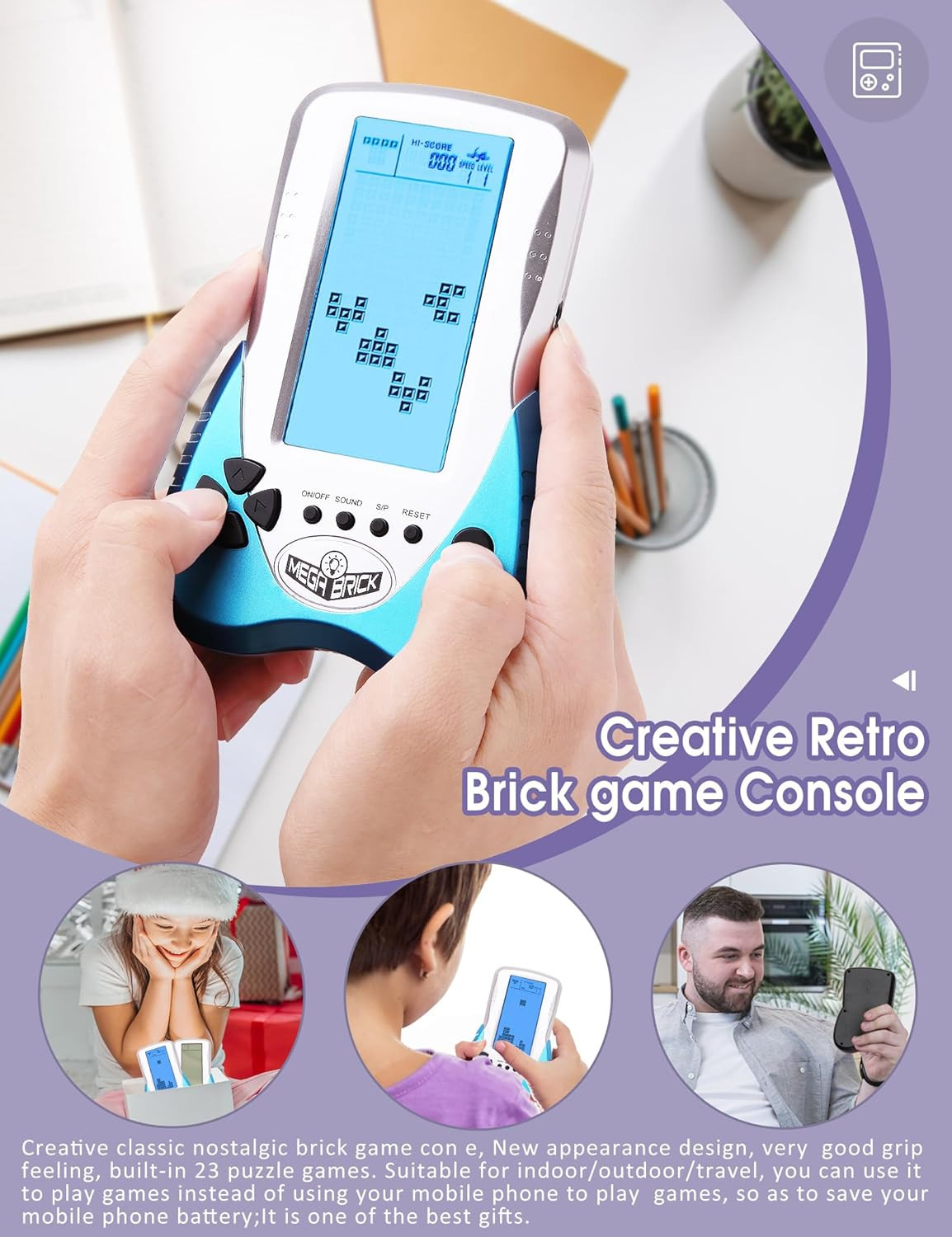 New Retro Block Brick Game Console Large Screen Blue Backlight Brightness Can Be