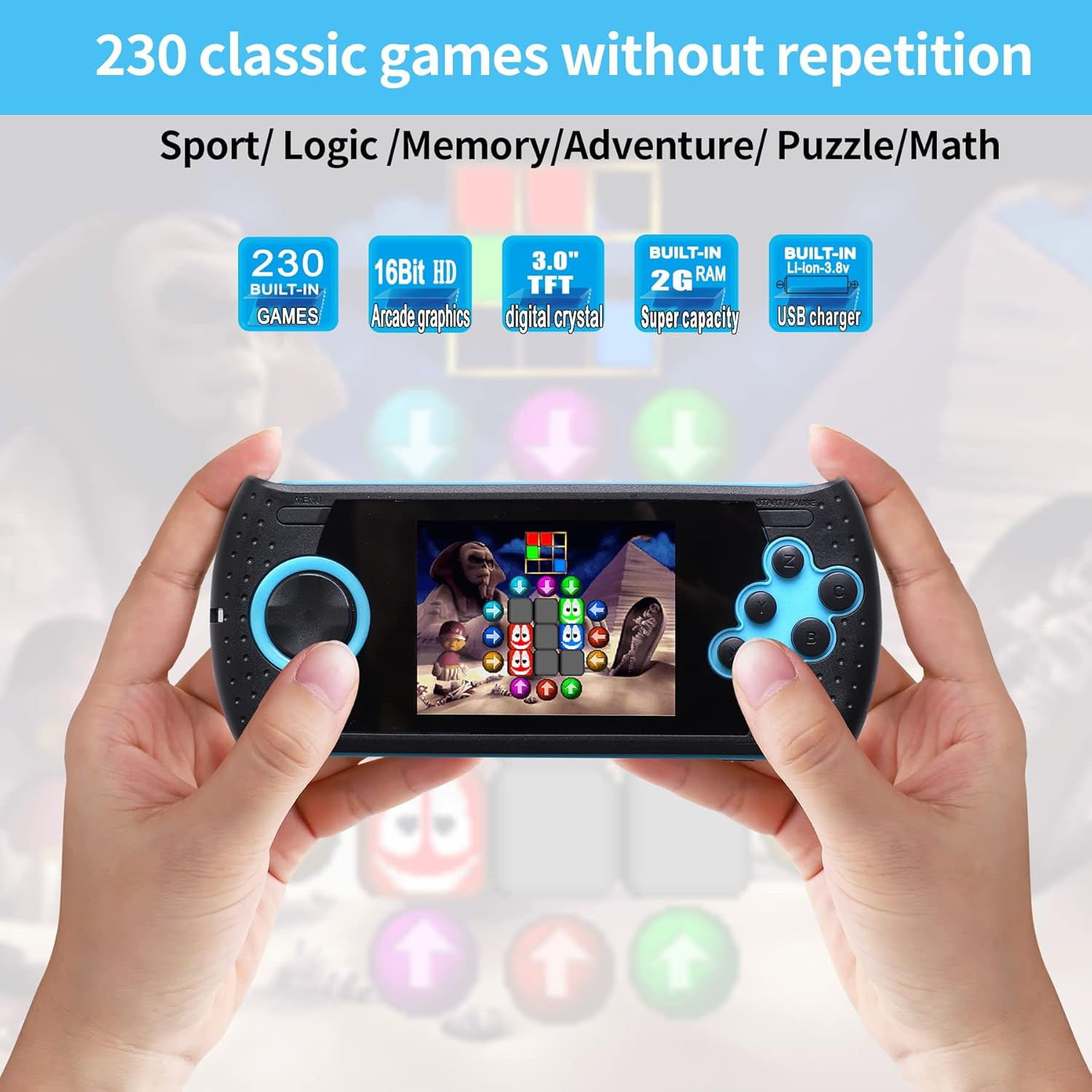 16 Bit Handheld Game for Kids Built-In 230 HD Classic Retro Video Games USB Rech