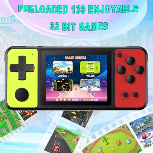 32 Bit Handheld Games for Kids Built-in 139 Video Games,3.0″ IPS Yellow-red