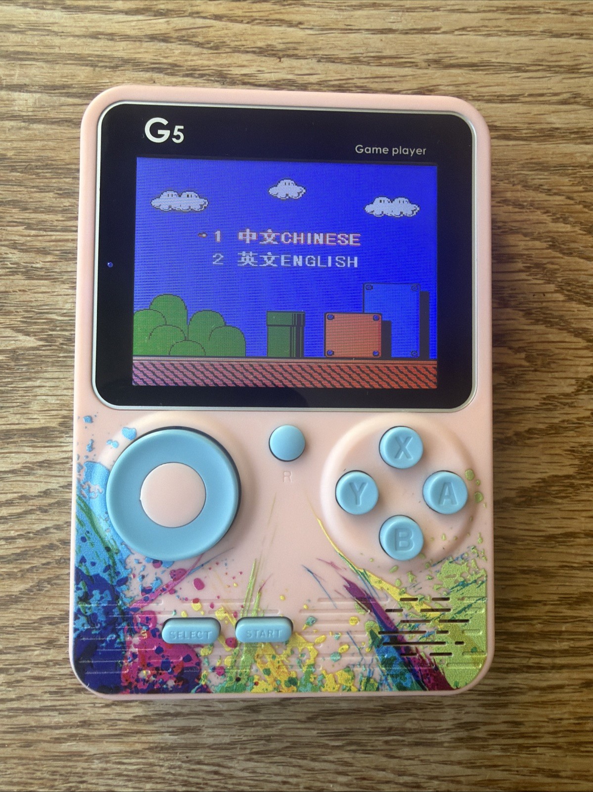G5 Retro Handheld Game Console 500-in-1 Tested Working Pink Blue Paint Splatter