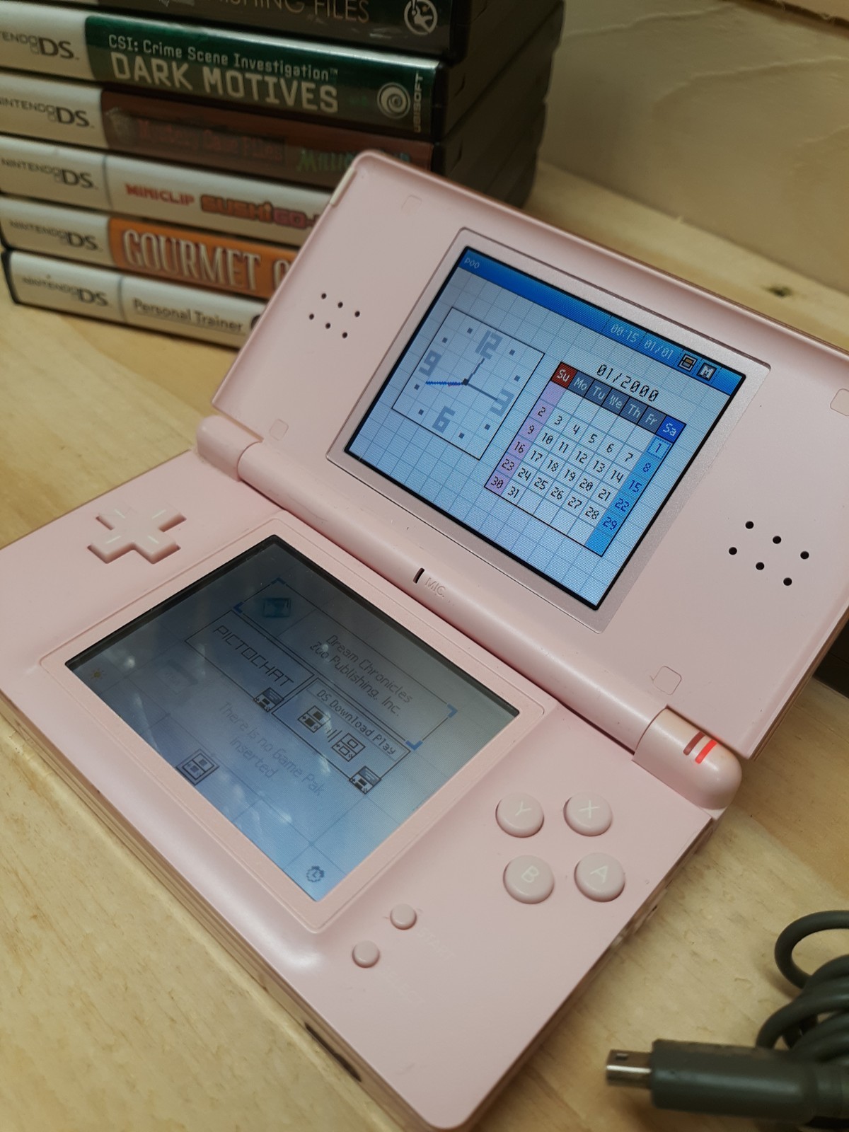 Lot Nintendo DS Lite Console W Stylus 6 Games Metallic Rose Tested Works Clean