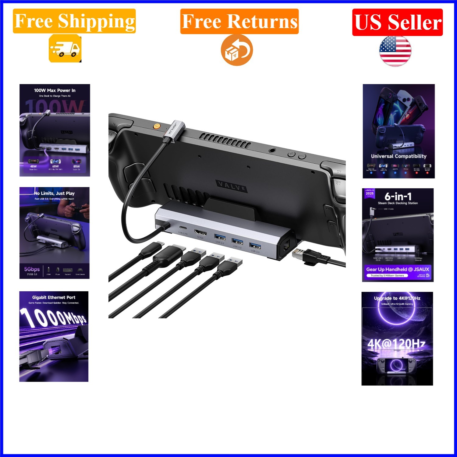 6-in-1 Steam Deck Dock with 4K@120Hz HDMI, 100W PD, Ethernet, USB