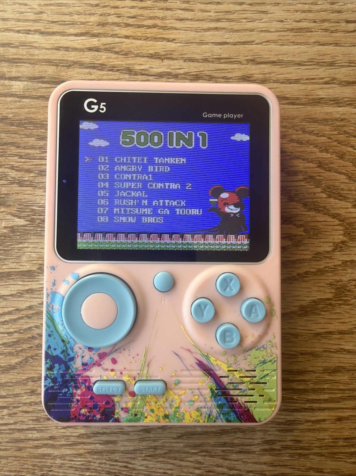 G5 Retro Handheld Game Console 500-in-1 Tested Working Pink Blue Paint Splatter