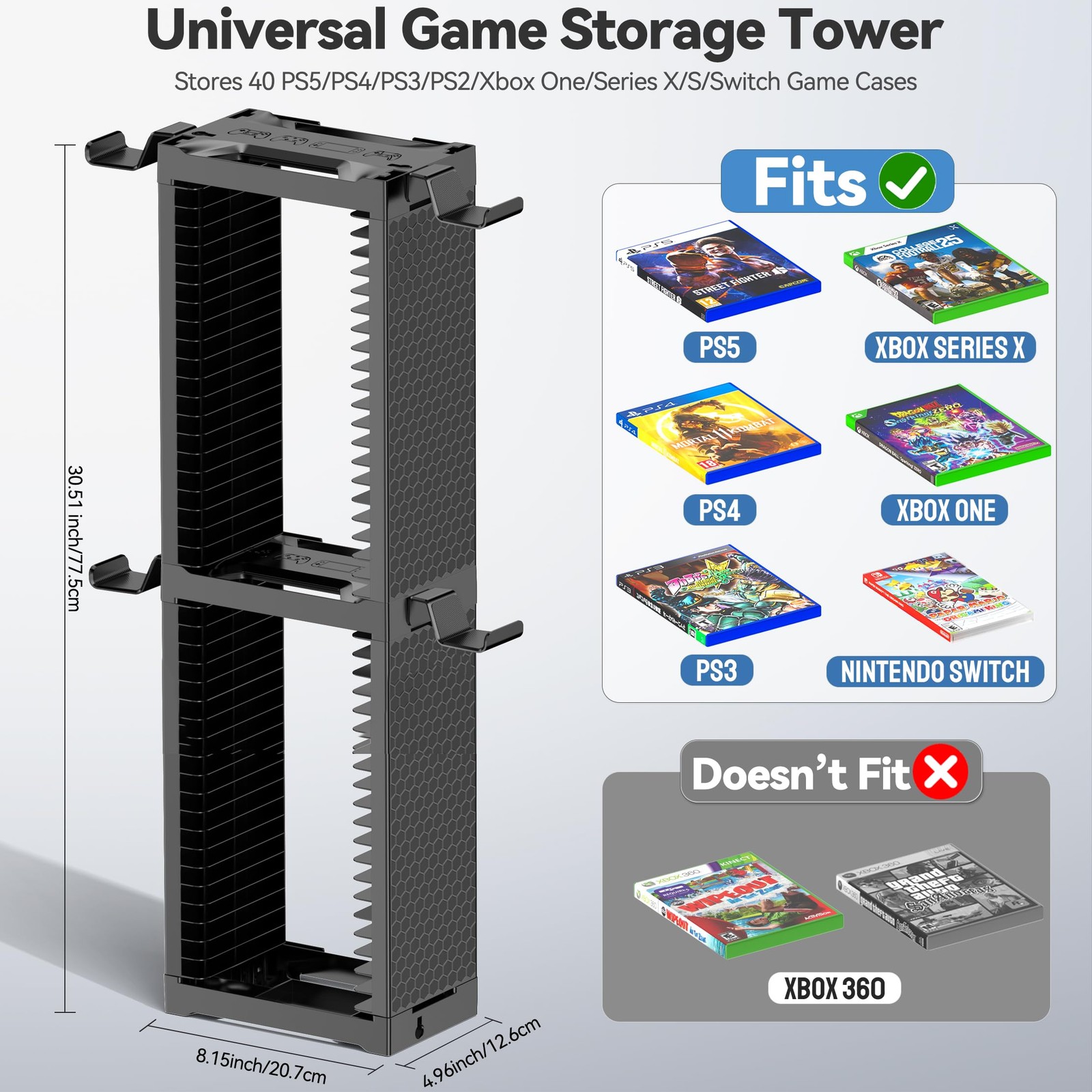 Video Game Disc Rack Tower Storage Holder Stand Universal 2-Tier, 2T-Black