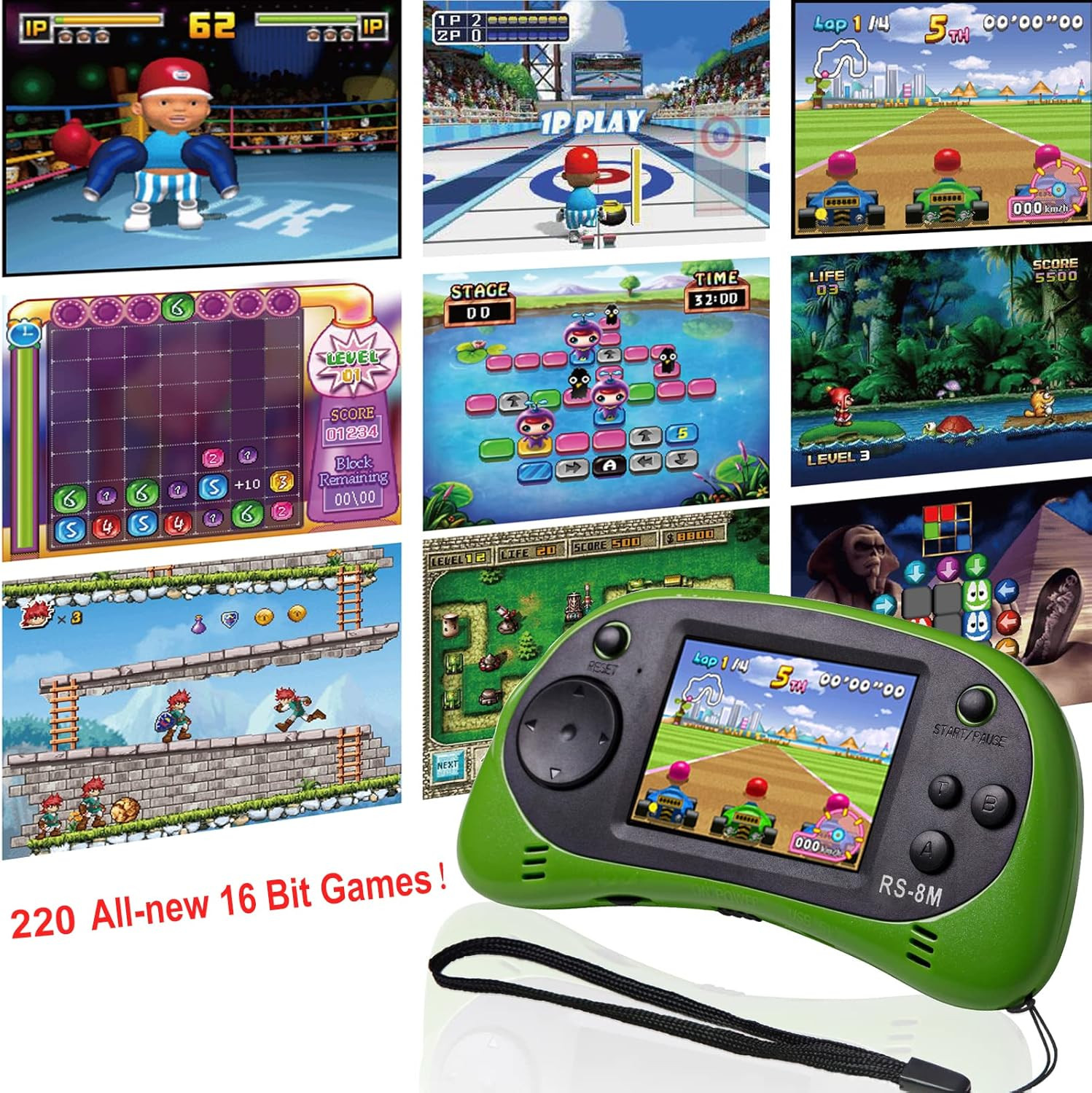 16 Bit Kids Handheld Games Built-In 220 HD Video Games, 2.5 Inch Portable Game P
